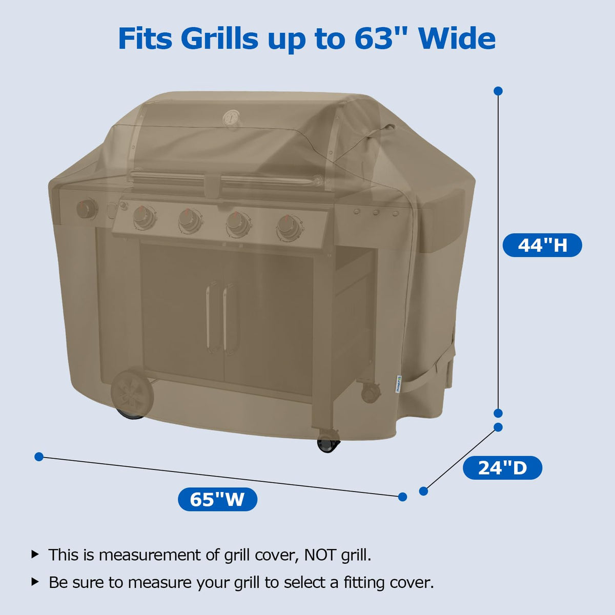 SunPatio 65-inch grill cover side view shows secure, weatherproof fit.
