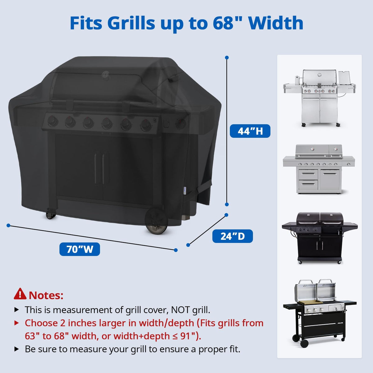 SunPatio 70-inch grill cover side view shows snug, windproof protection.