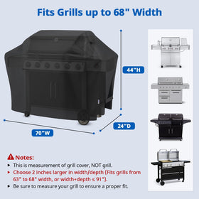 SunPatio 70-inch grill cover side view shows snug, windproof protection.