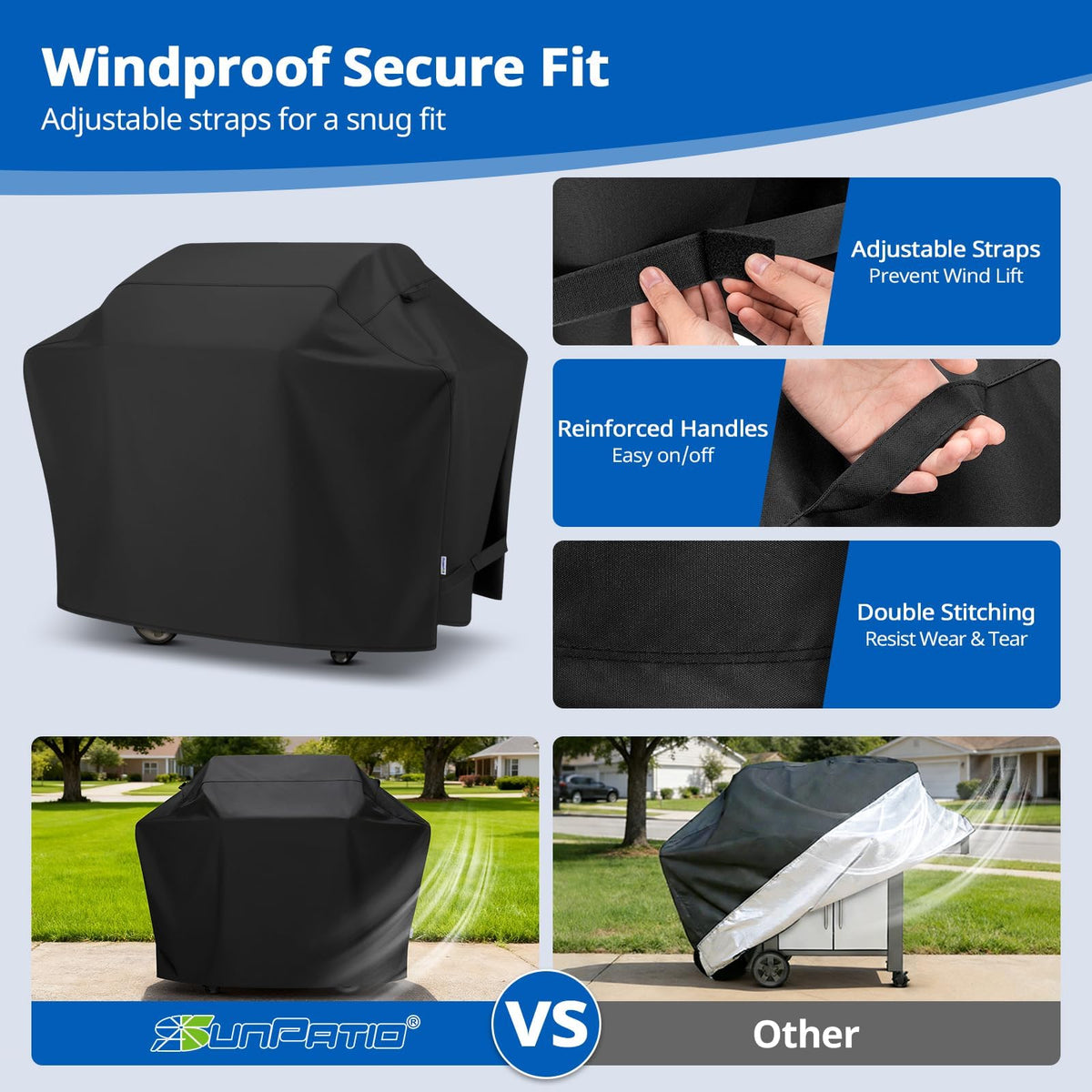 SunPatio adjustable fastening straps secure the cover on windy days