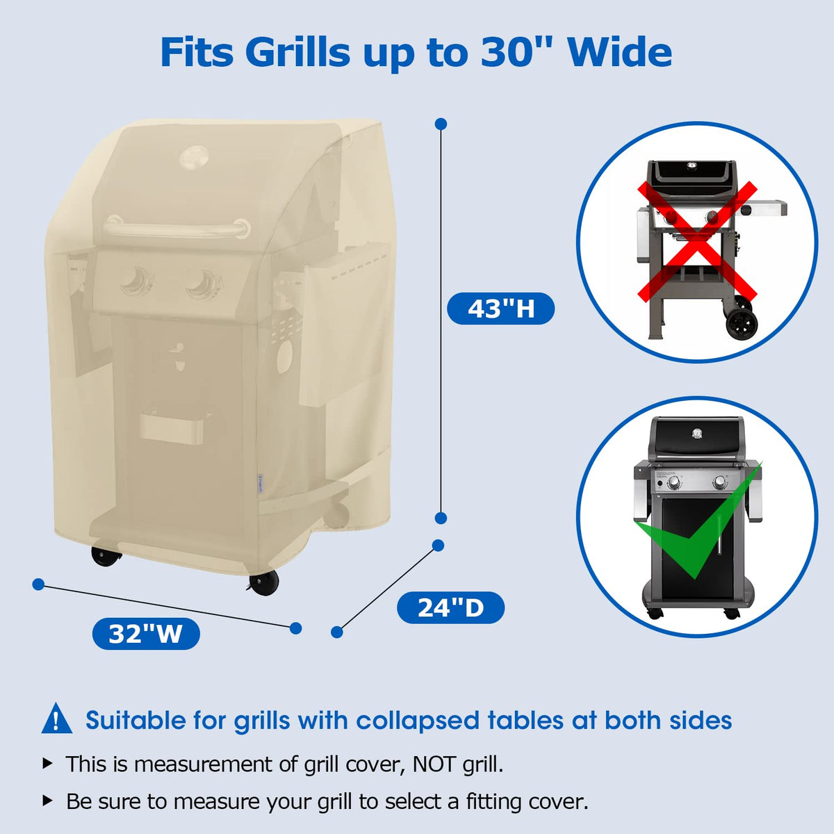 SunPatio beige grill cover on a grill with easy-on handles for quick removal.