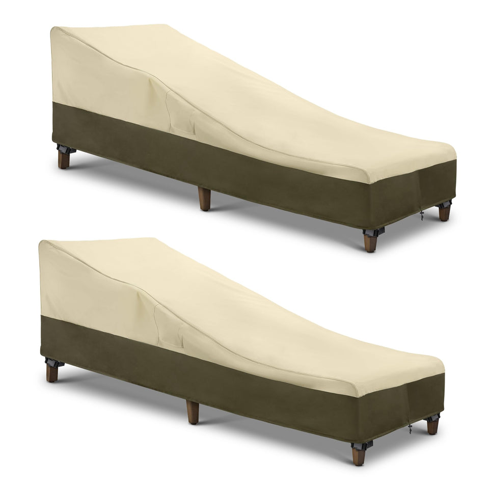SunPatio waterproof chaise lounge cover shields olive furniture from rain and sun.