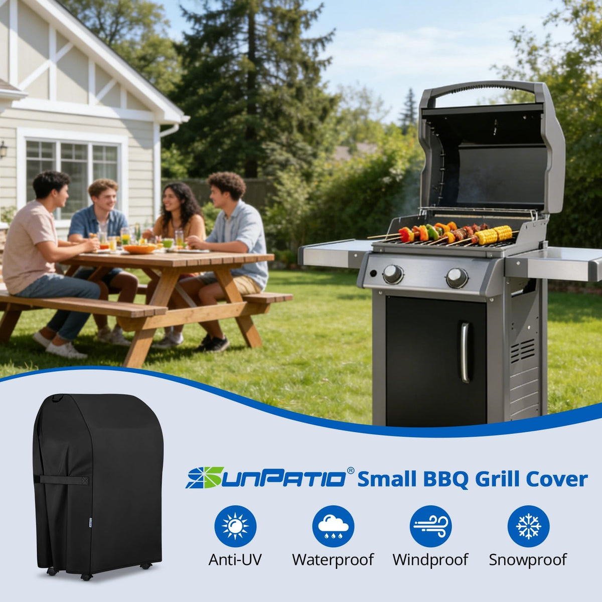 SunPatio durable material resists sun, rain, and snow for year-round protection.