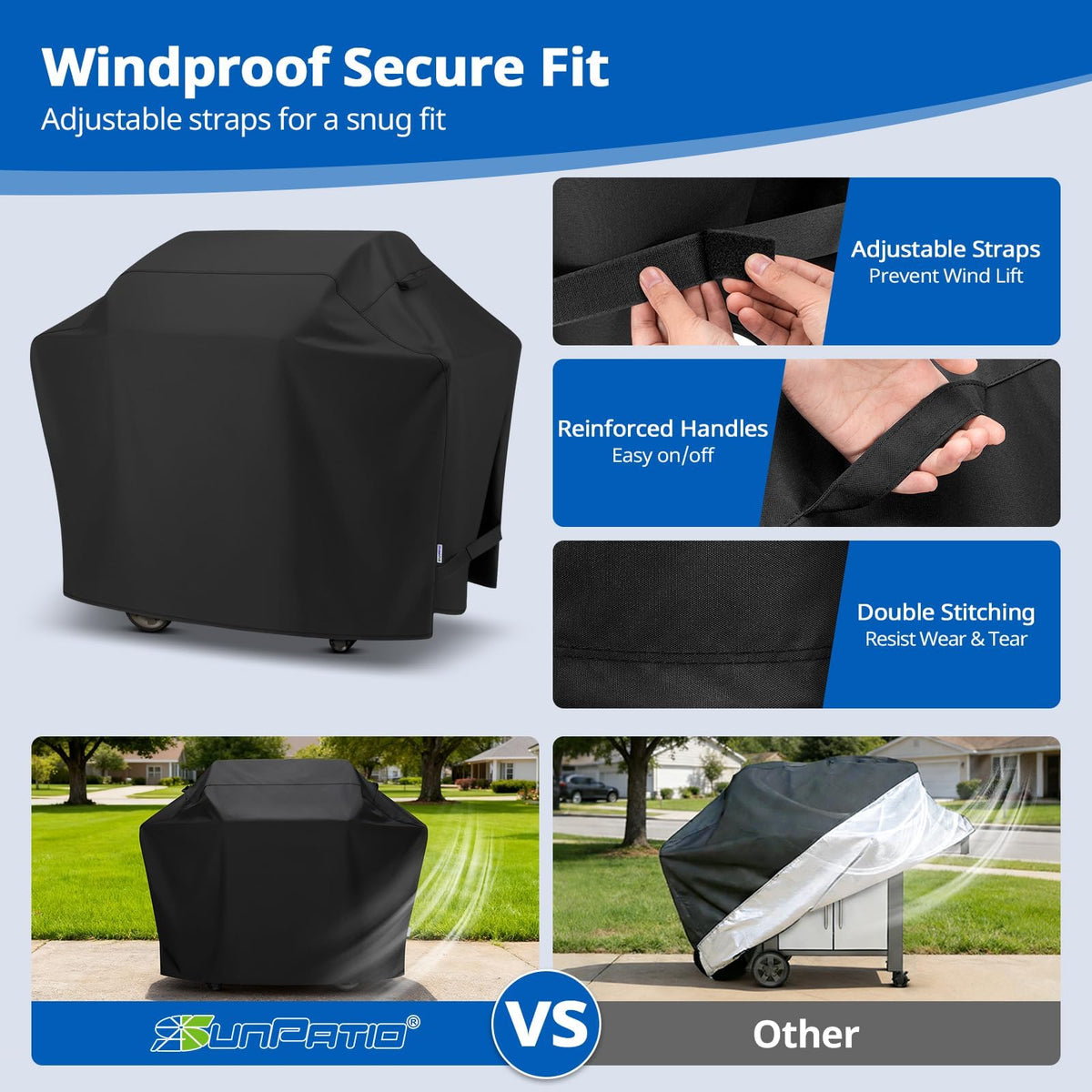 Adjustable straps keep the SunPatio 60-inch cover secure in windy days.