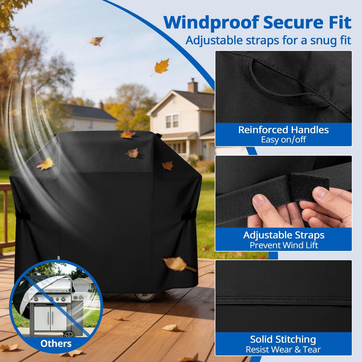 SunPatio 58W cover ensures a proper fit for grills 50–56 inches wide.