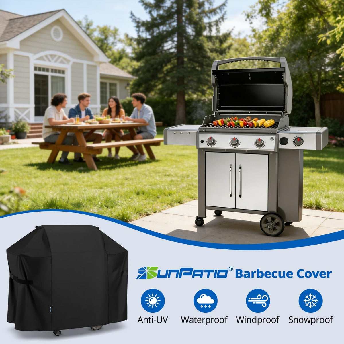 SunPatio secure-fit strap helps prevent cover from blowing away.