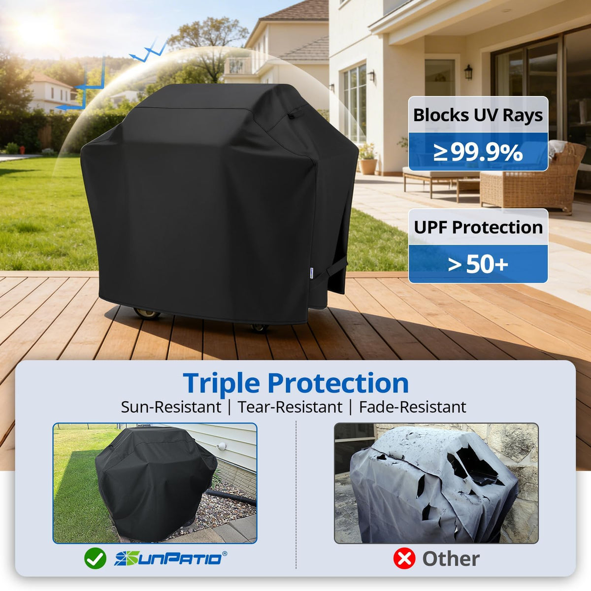 SunPatio grill cover side with durable fabric handles.