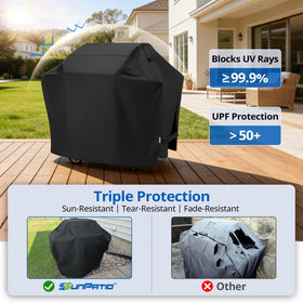 SunPatio grill cover side with durable fabric handles.