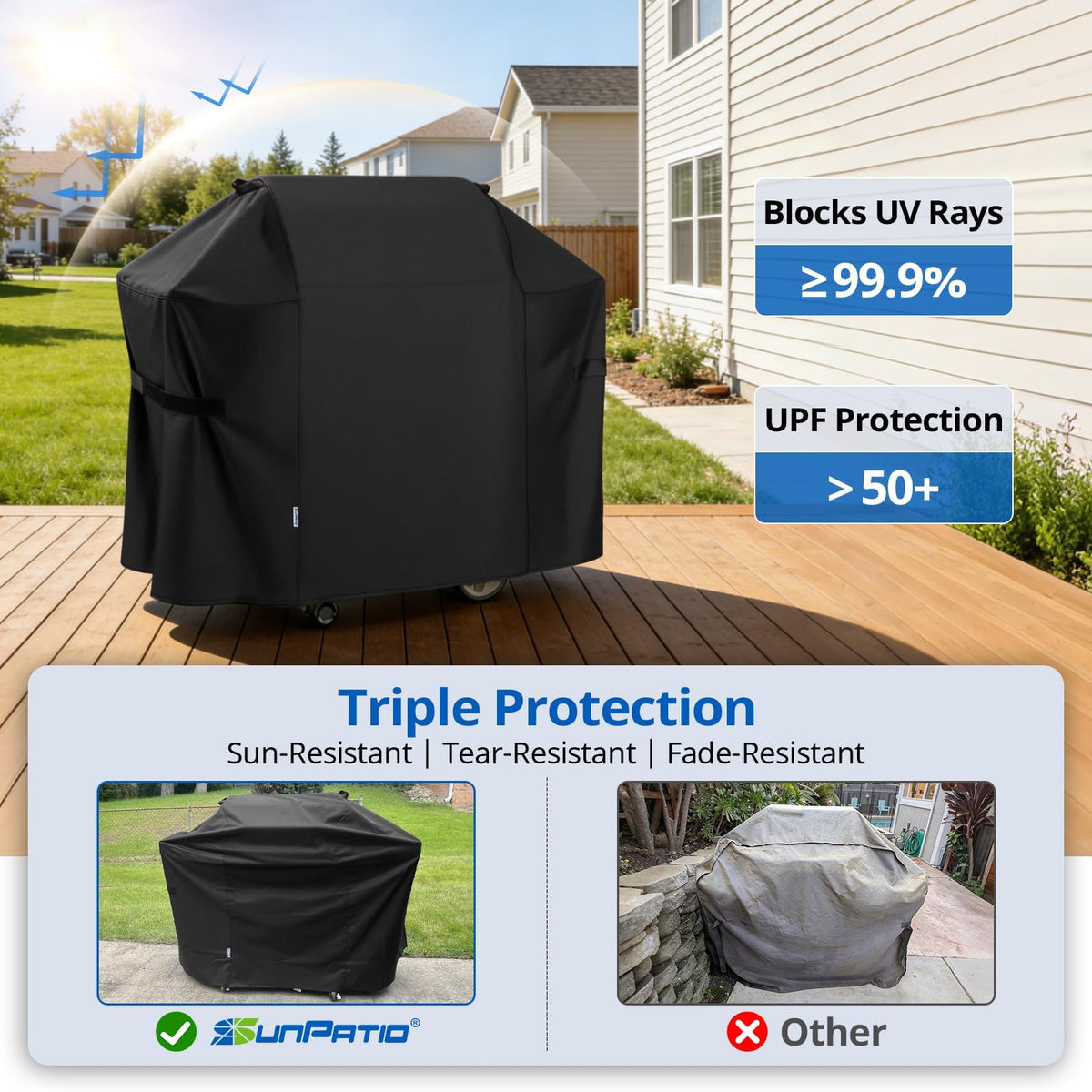 SunPatio top handles allow easy on/off and hanging when not in use.