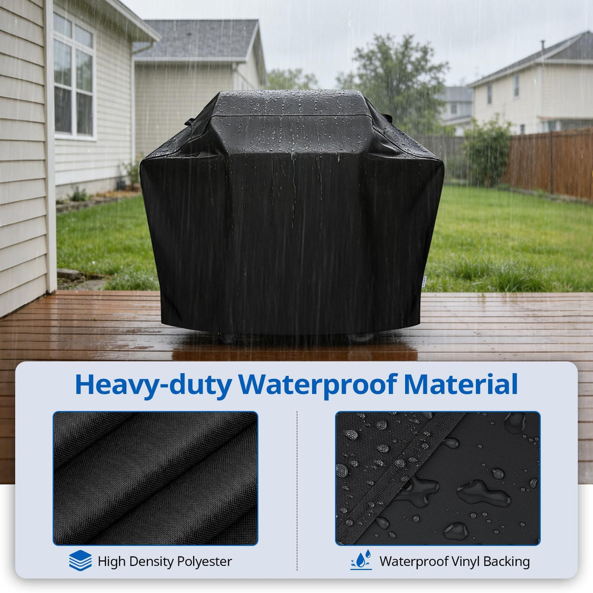 SunPatio grill cover with waterproof liner protects against rain and snow.