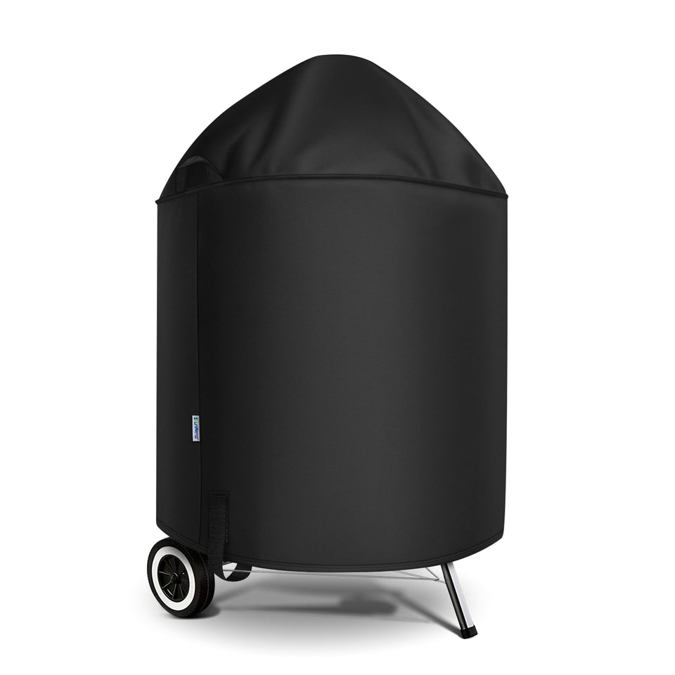 SunPatio grill cover on Weber 22-inch charcoal grill protects from rain and dust