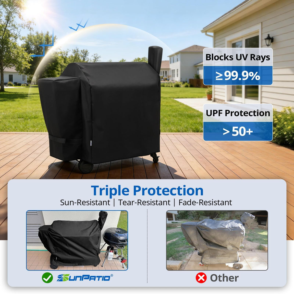 SunPatio pellet grill cover easy-clean design cleans with a hose