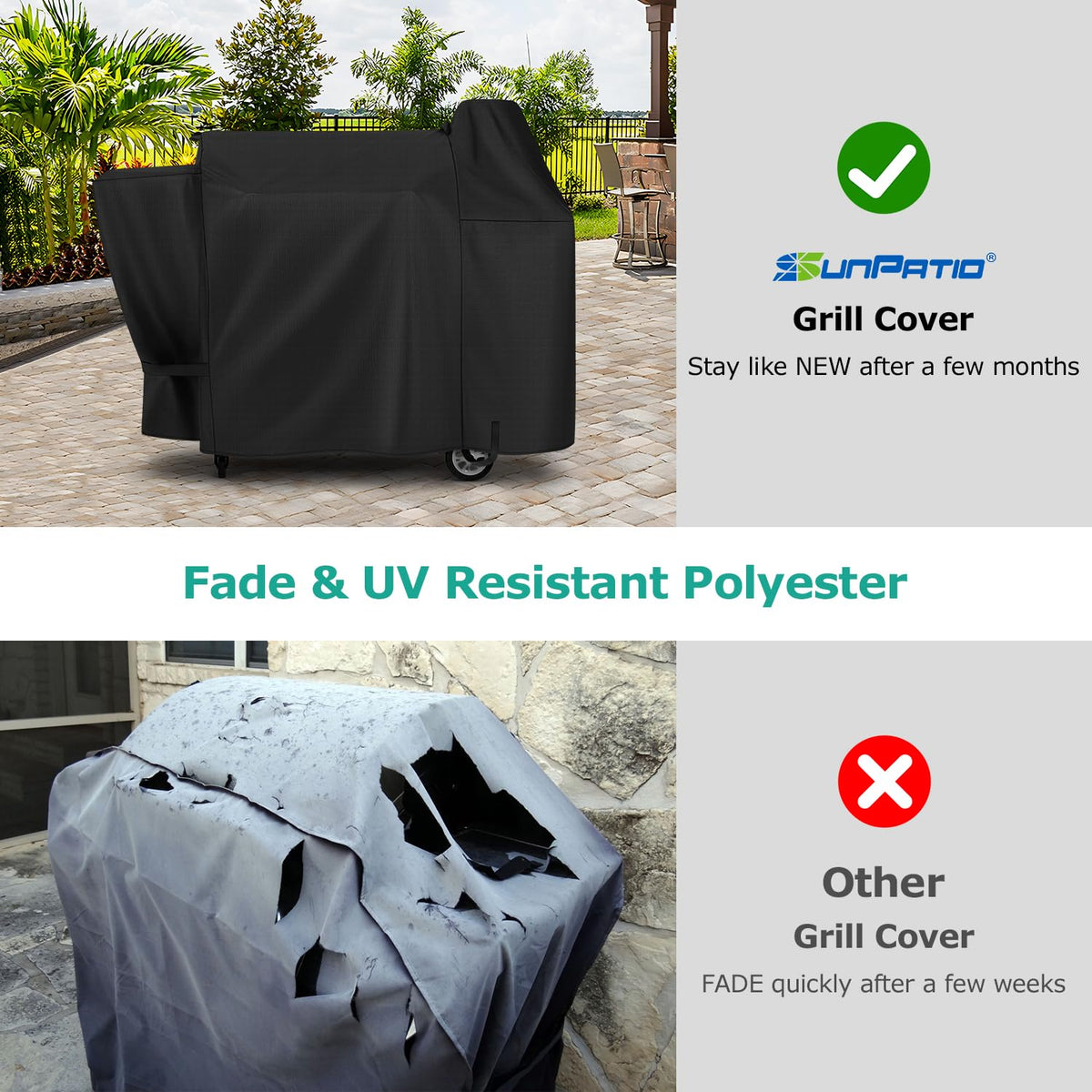 SunPatio grill cover features top handles for easy on/off.