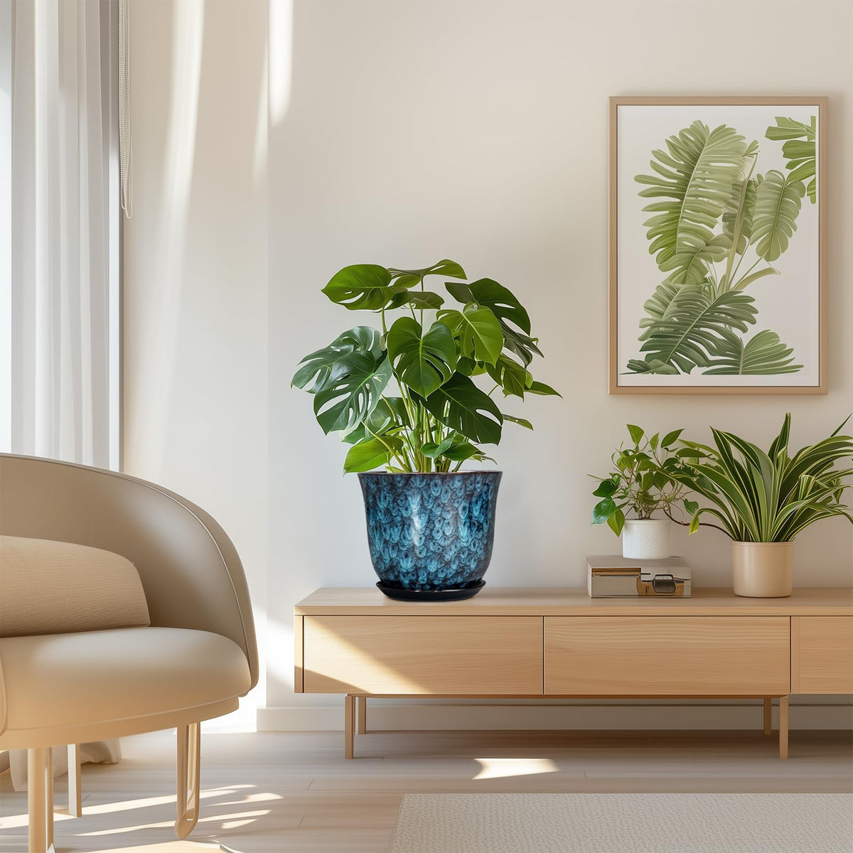 SUNPOTFOR 8-inch ceramic planter on a living room shelf, versatile decor.
