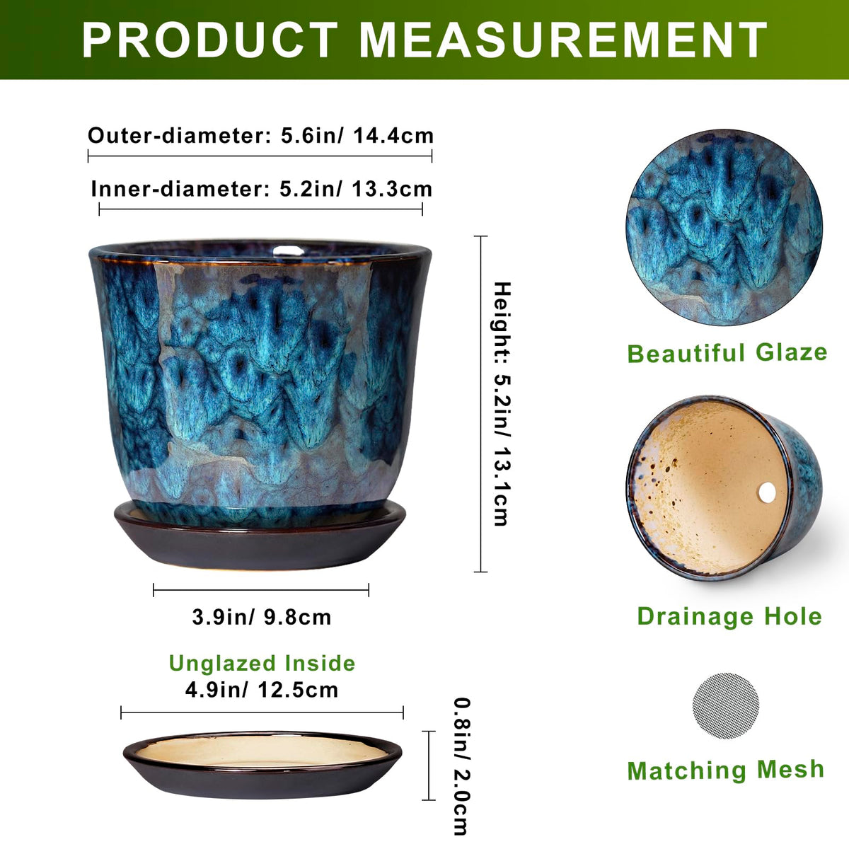 SUNPOTFOR ceramic pot with drainage hole and saucer for cleaner surfaces