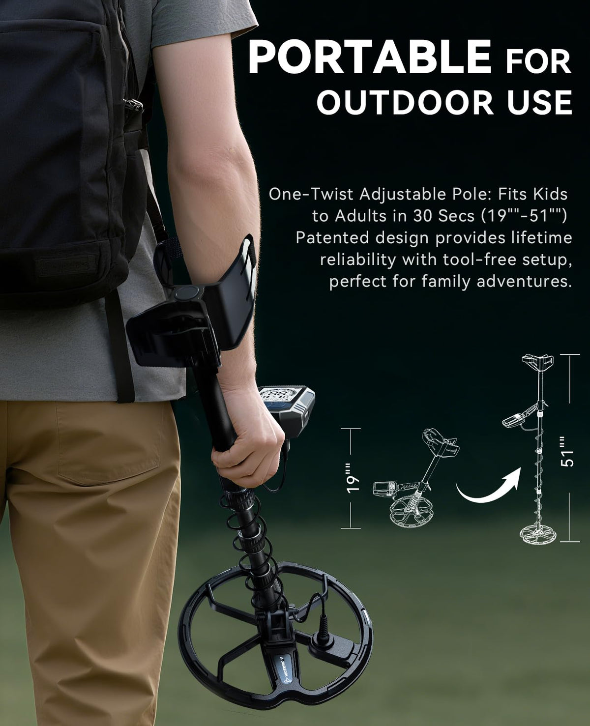 SUNPOW all-in-one adventure kit with headphones, shovel, and backpack.