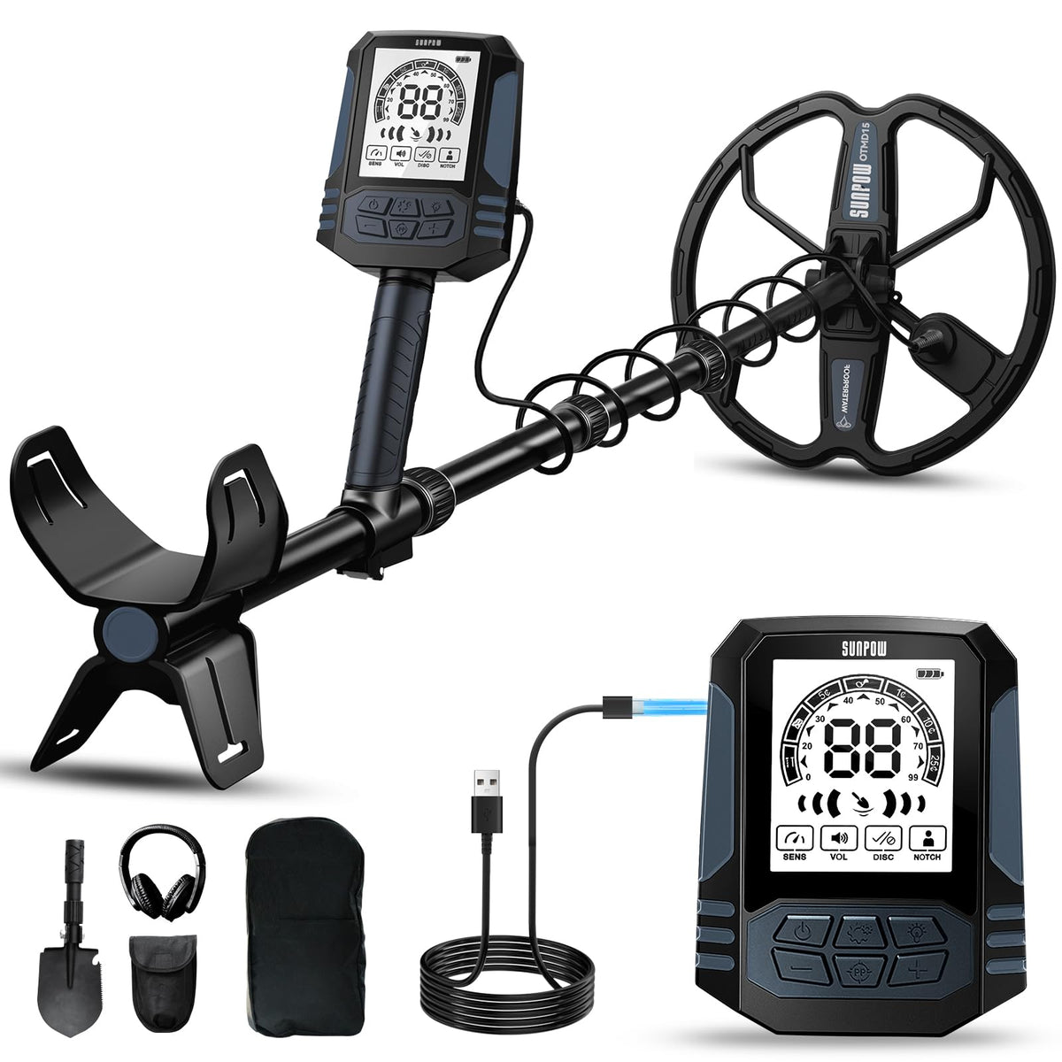 SUNPOW metal detector in hand on a sunny beach for jewelry and coins.