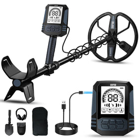 SUNPOW metal detector in hand on a sunny beach for jewelry and coins.