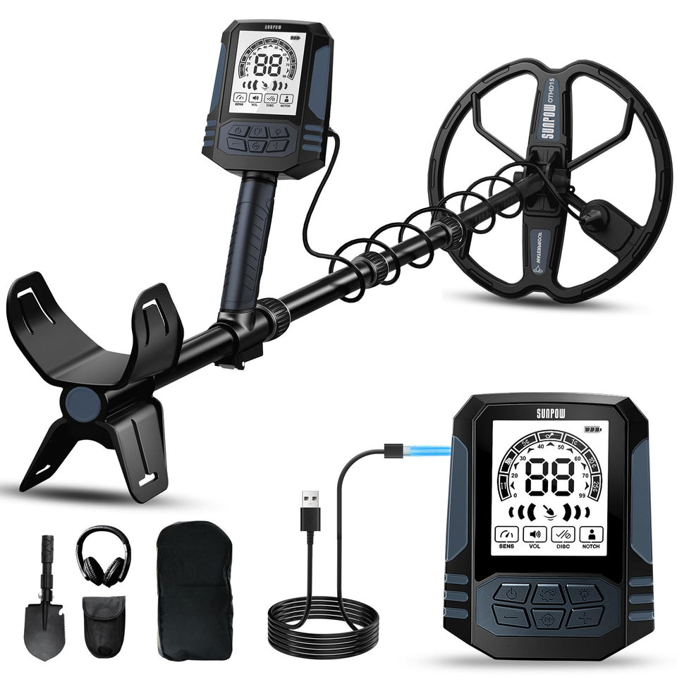 SUNPOW metal detector in hand on a sunny beach for jewelry and coins.