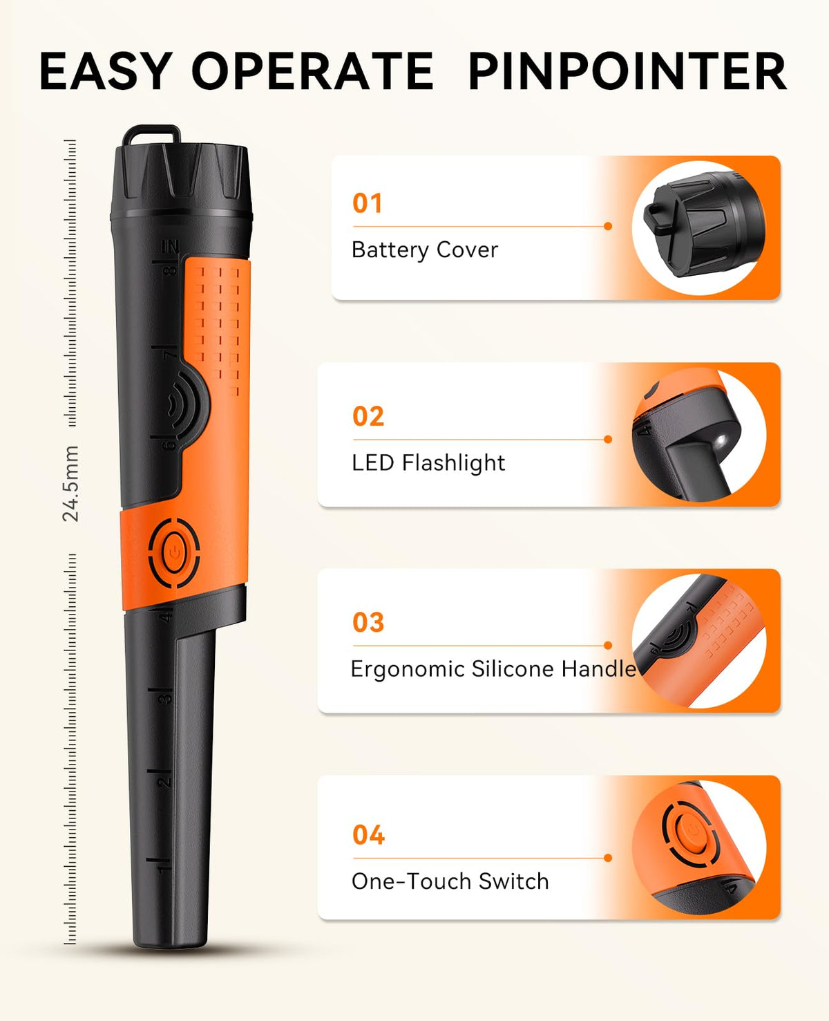 SUNPOW pinpointer with waterproof tip enables beach and damp ground use.