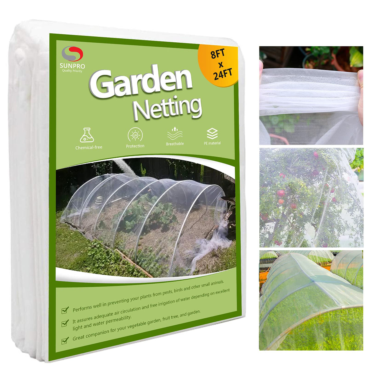 SUNPRO 8x24ft netting barrier over crops blocks pests while preserving sunlight