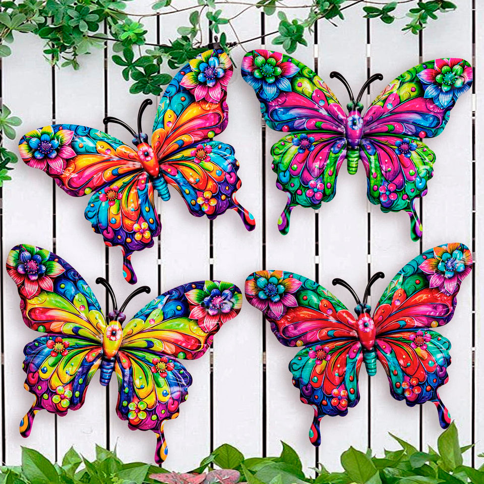 SUNREEK butterfly wall decor with colorful pattern enhances outdoor fence ambiance.