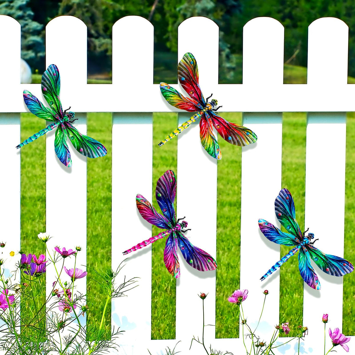 SUNREEK dragonfly outdoor wall art with back hook for easy hanging.