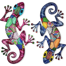 SUNREEK gecko wall art pair decor on a fence adds playful charm for outdoor garden spaces