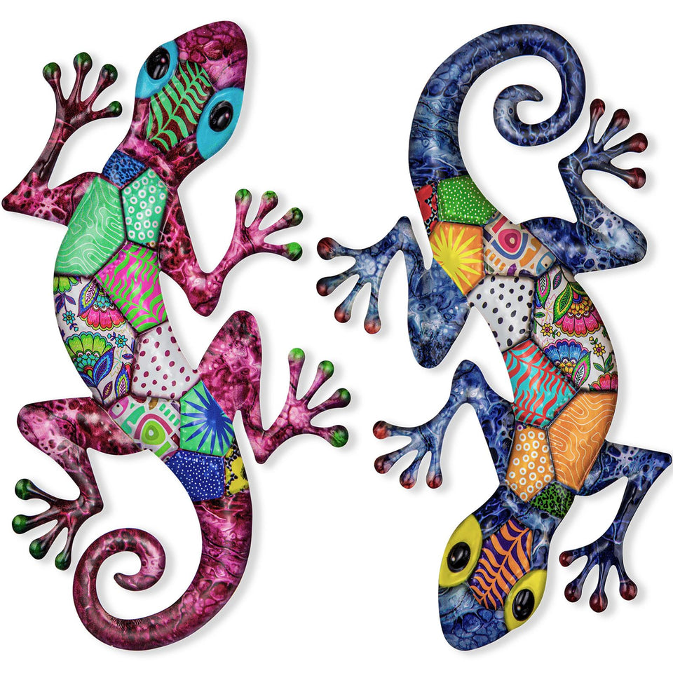 SUNREEK gecko wall art pair decor on a fence adds playful charm for outdoor garden spaces