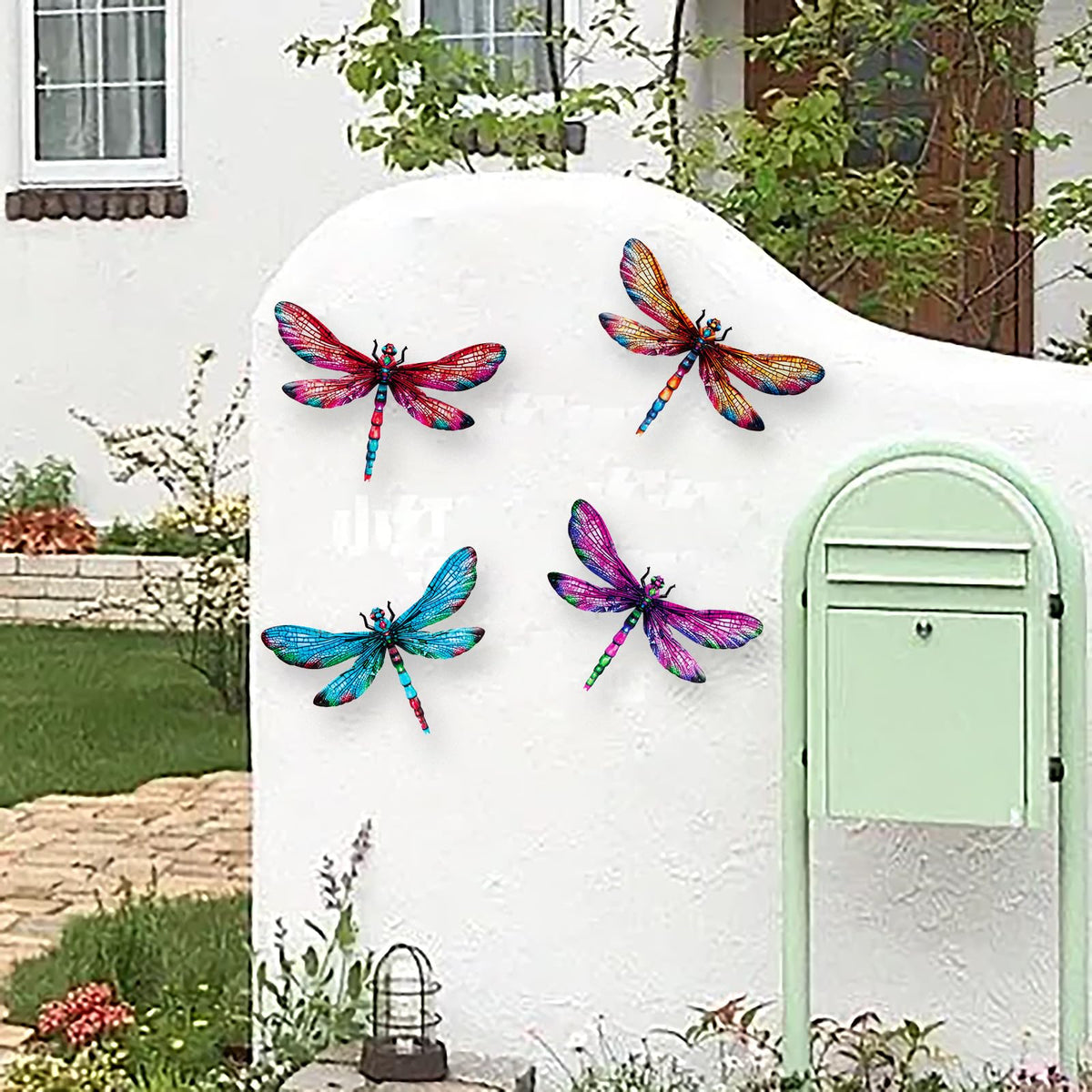 SUNREEK metal dragonflies outdoor decor, 4-pack, weather-resistant finish for garden or patio.