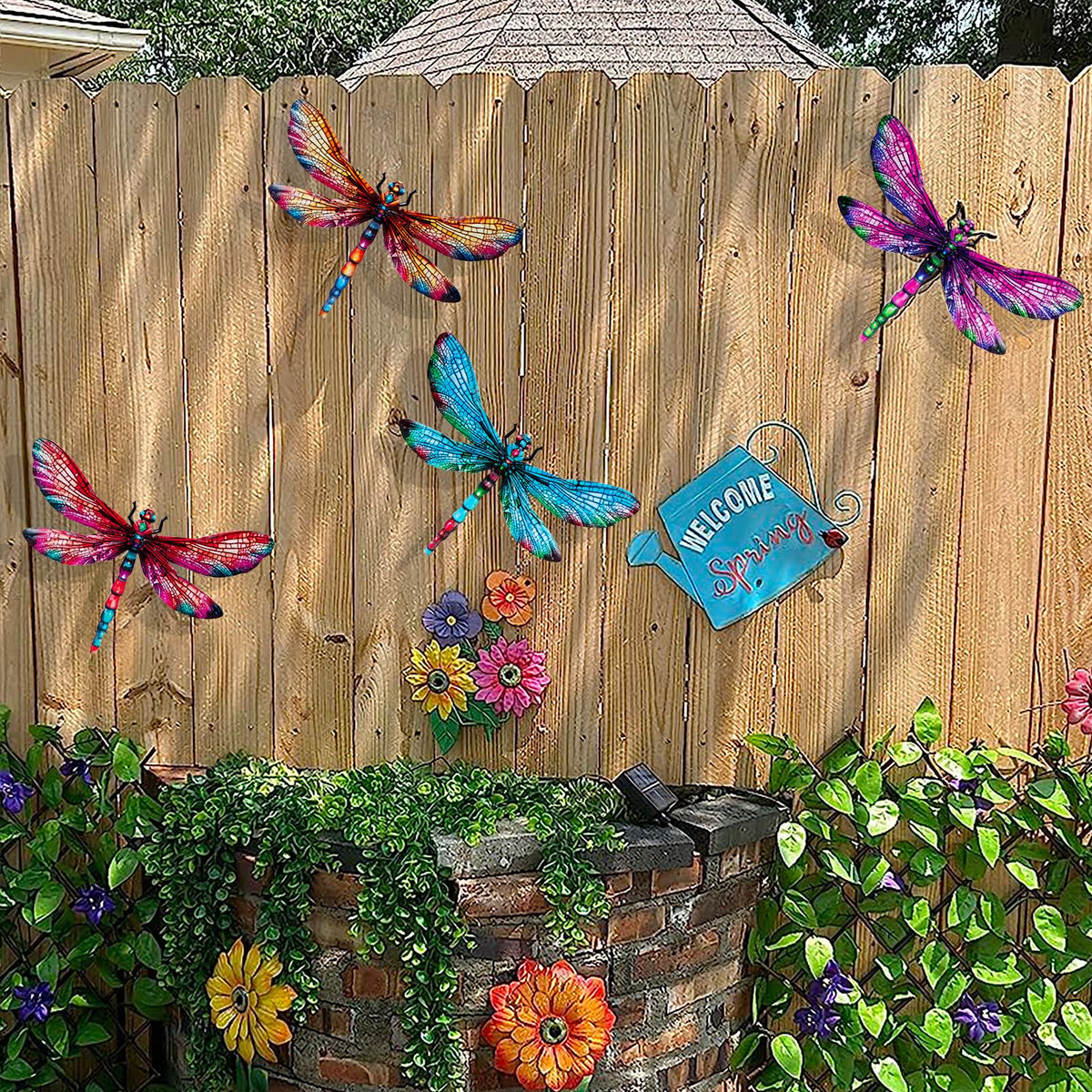 SUNREEK outdoor dragonflies wall decor, 8.8x5.9 inches each, suited for fences and gates.