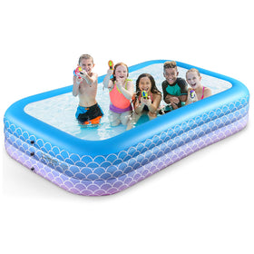 Sunrio inflatable pool in backyard showing its family-size dimensions for cooling