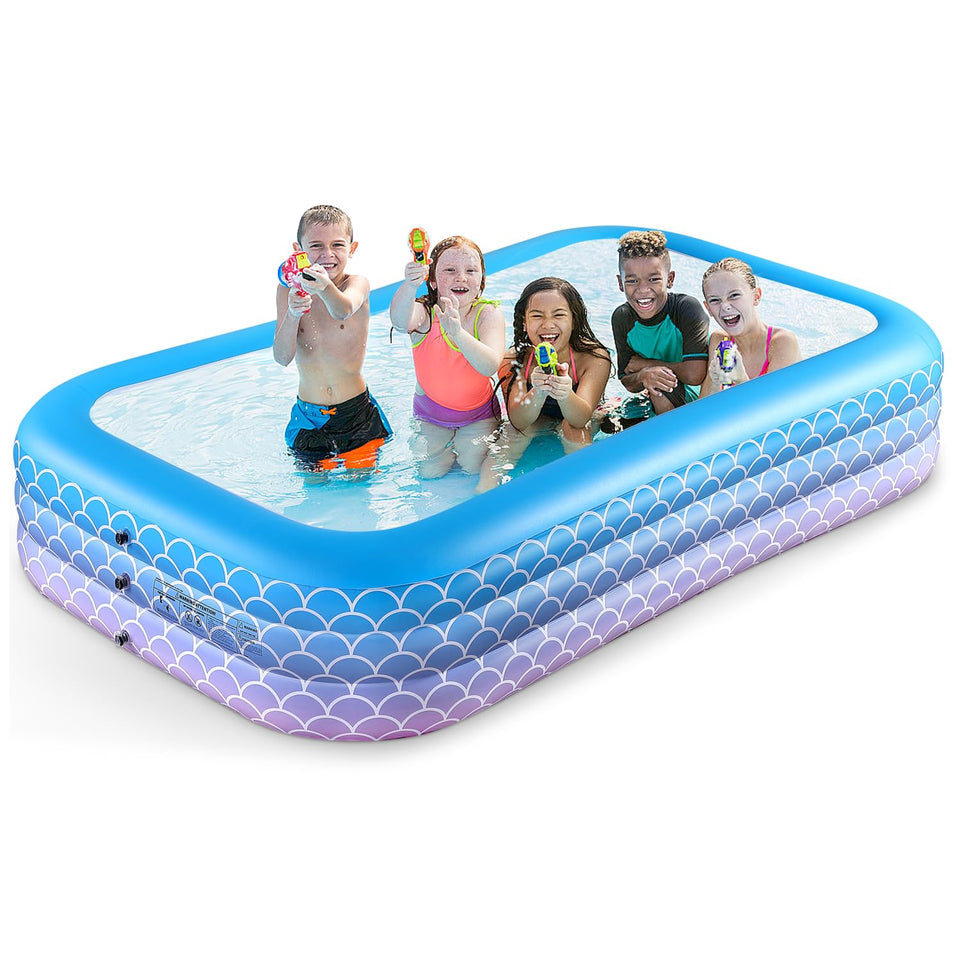 Sunrio inflatable pool in backyard showing its family-size dimensions for cooling