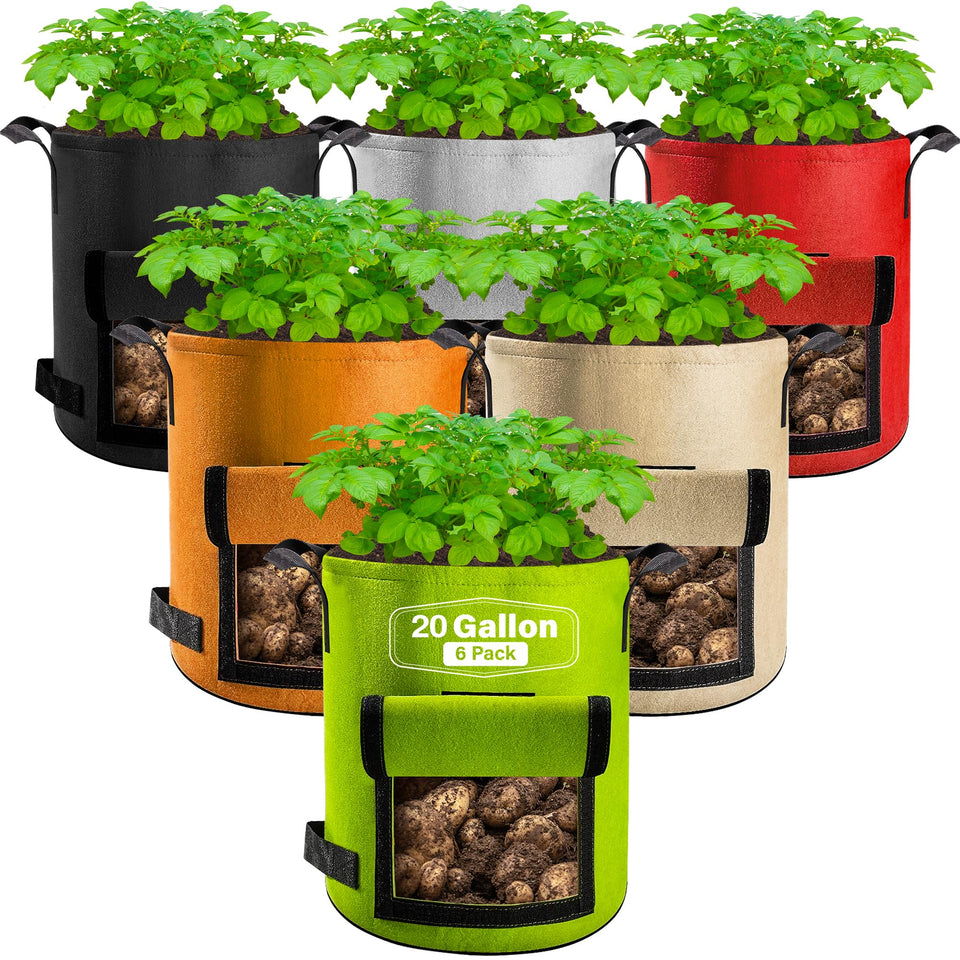 Suntee 20-gallon grow bag with flap for easy potato harvesting.