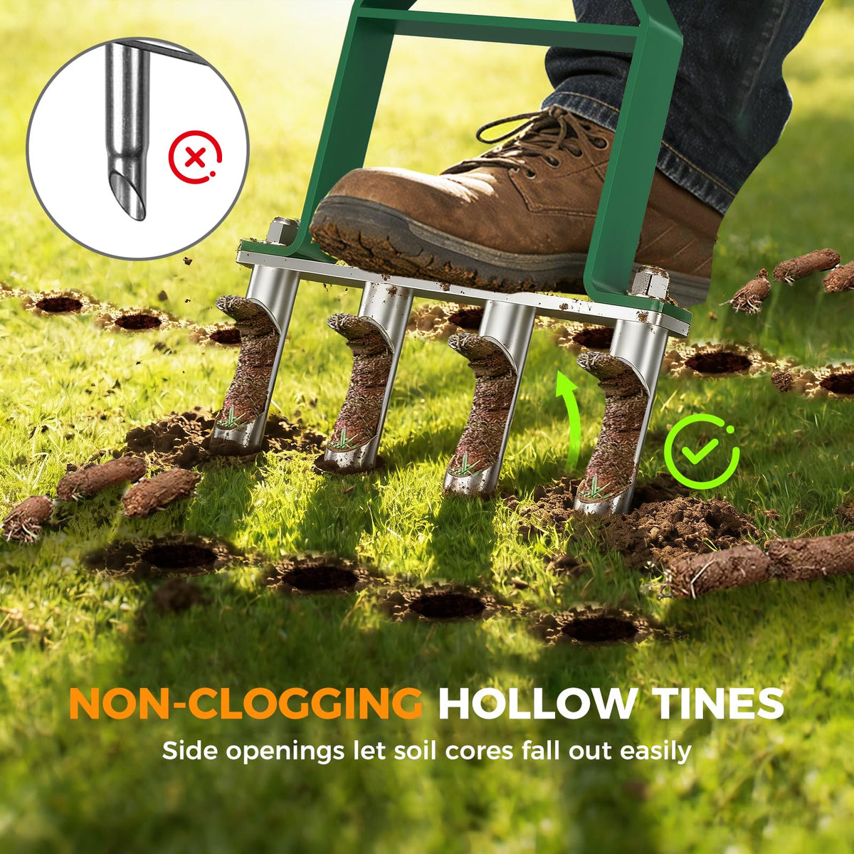Suntee Lawn Aerator Tool hollow tines highlight smoother core release and reduced clogging.