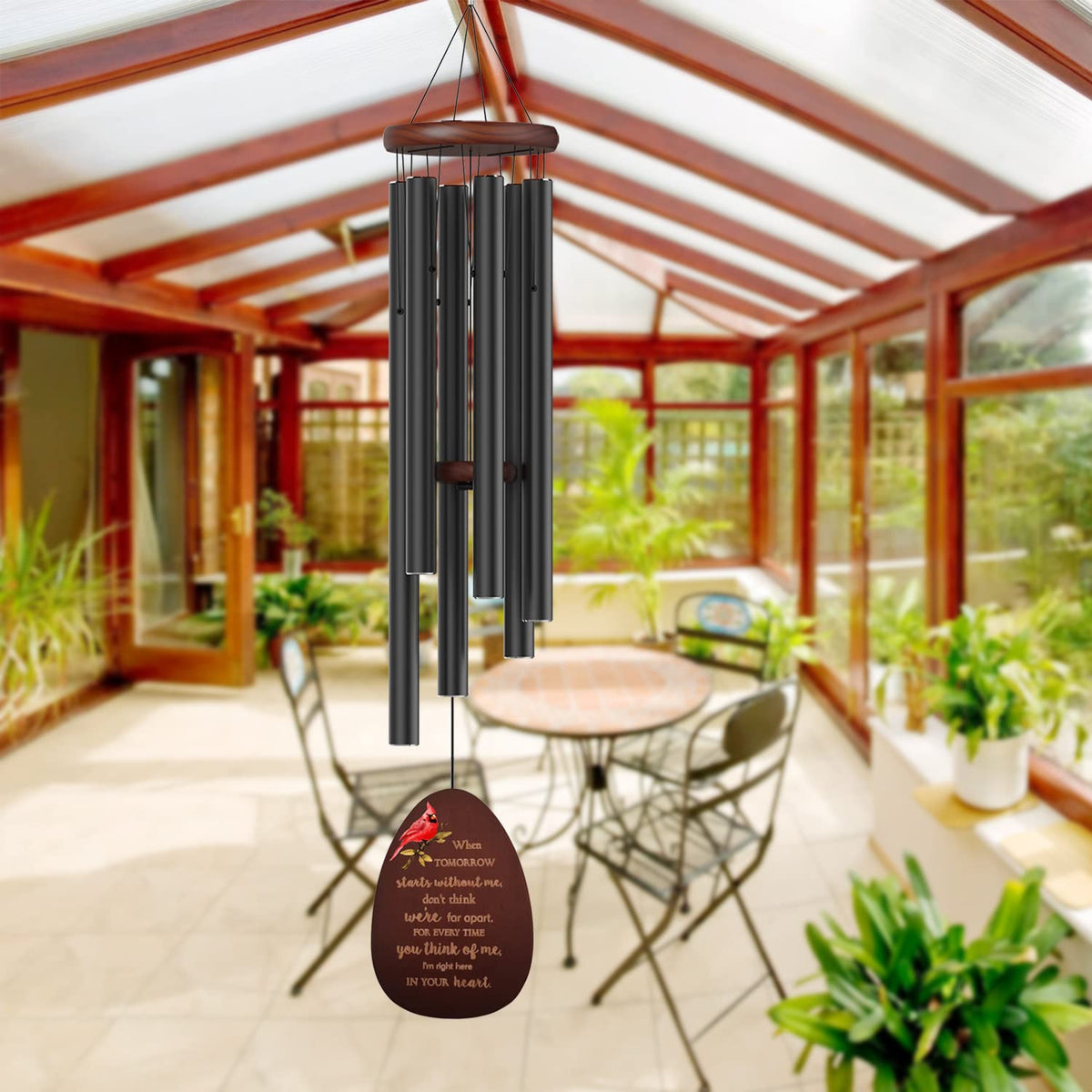 Suntimber cardinal wind chimes with engraved words offer outdoor memorial display