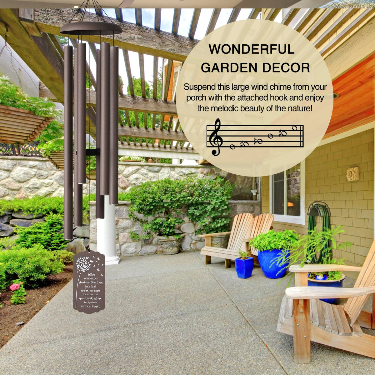 Suntimber wind chimes in garden setting showcase size and tonal presence.