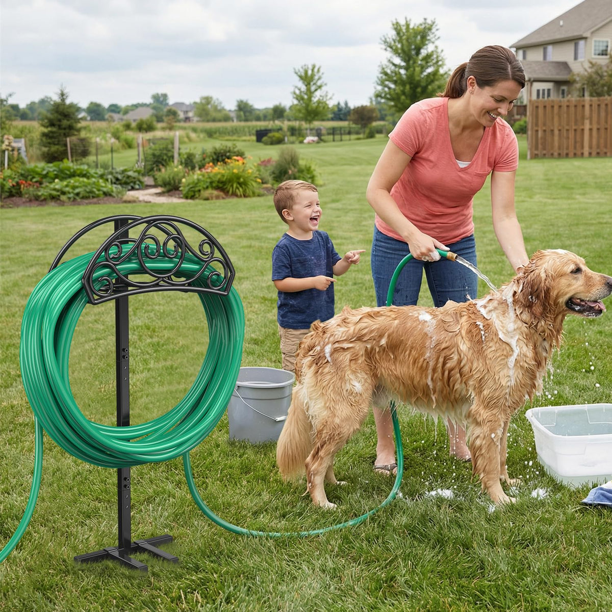 Sunvigor hose holder freestanding setup for easy yard organization.