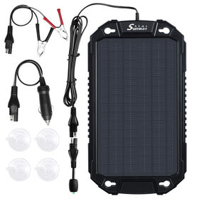 Sunway Solar 8W panel charges a 12V battery in sunlight.