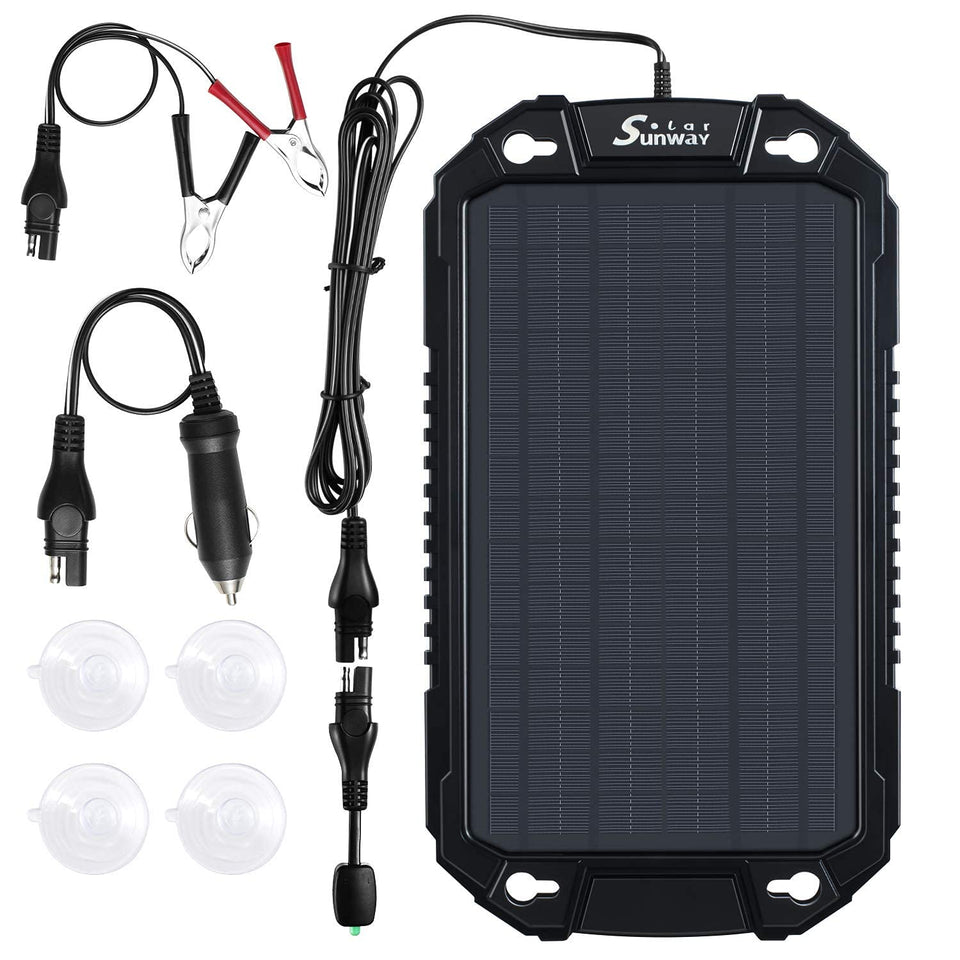 Sunway Solar 8W panel charges a 12V battery in sunlight.