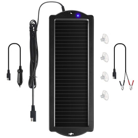 Sunway Solar dash-mount charger on windshield provides convenient 12V battery top-up