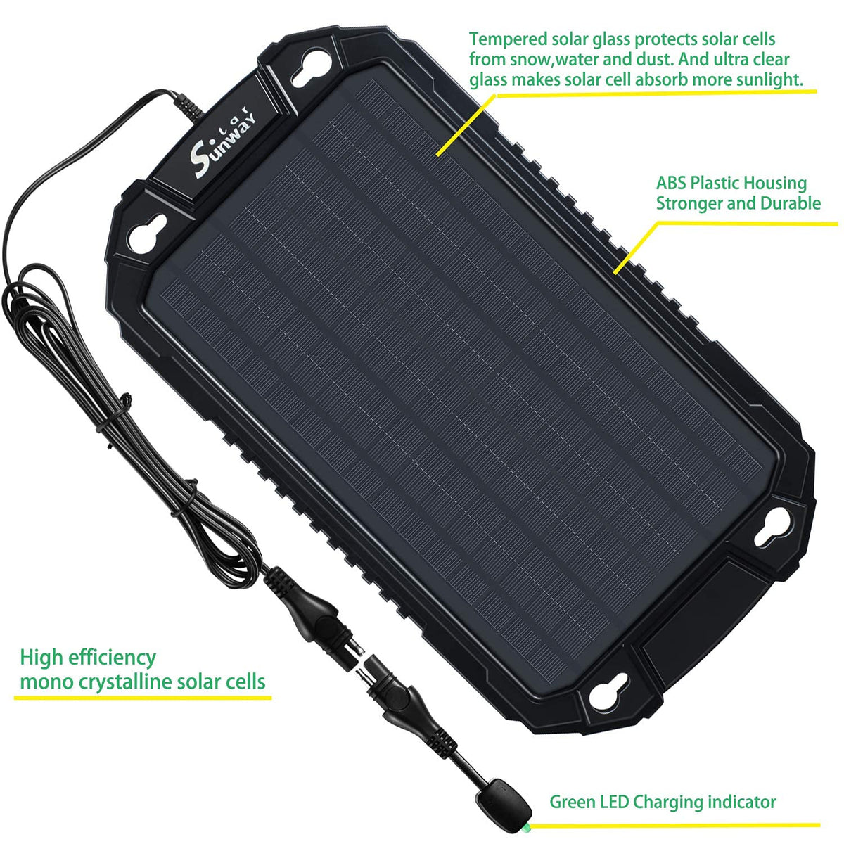 Sunway Solar windshield-mount charger ready on the dash.