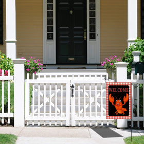 Sunwer Crawfish Garden Flag outdoor setting on porch or lawn.