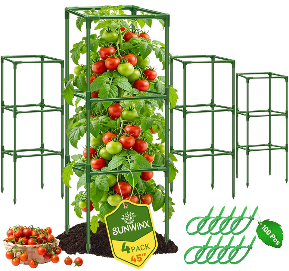 Sunwinx 4-pack square tomato cages provide sturdy 45-inch support for climbing plants.