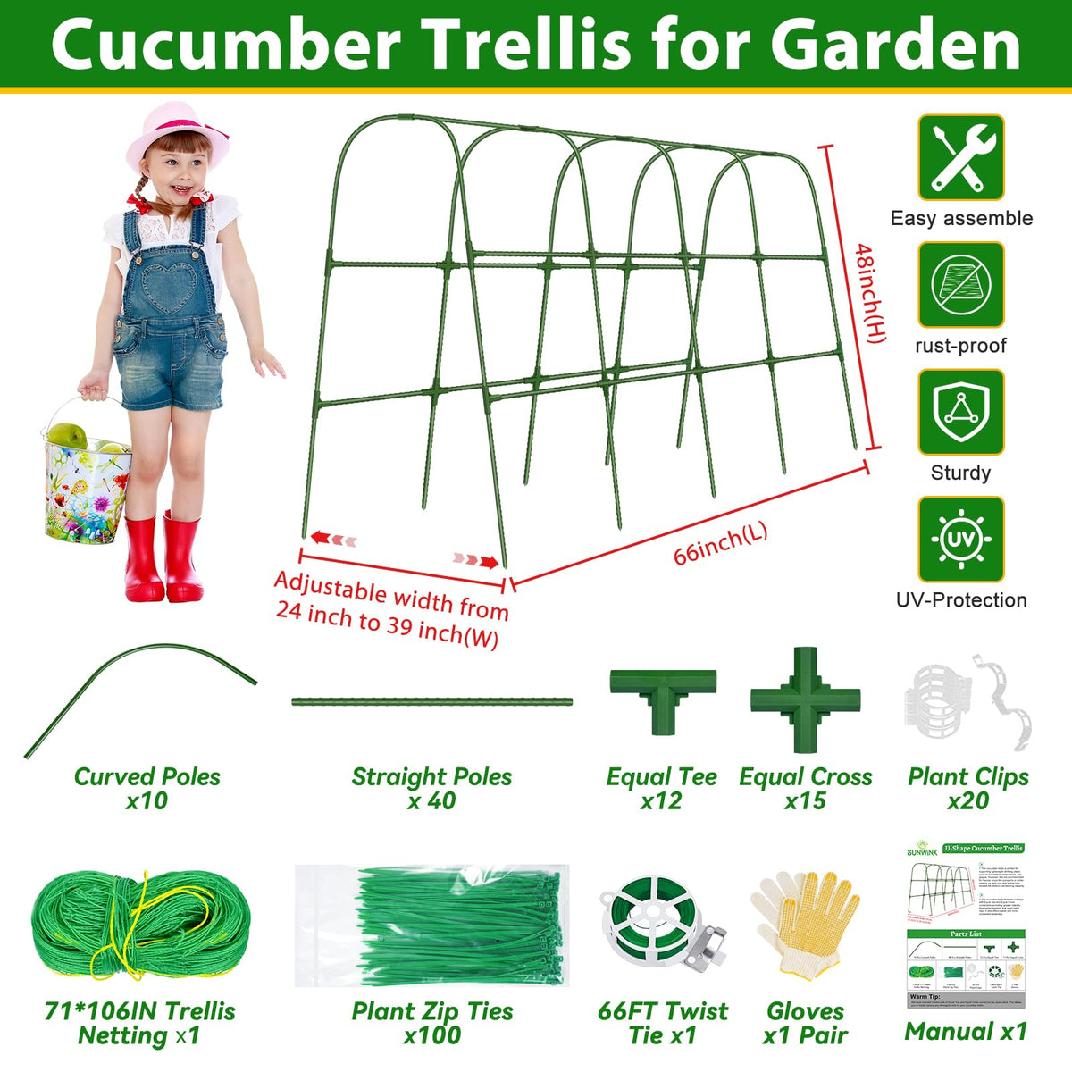 Sunwinx cucumber trellis assembly steps for quick raised-bed setup.