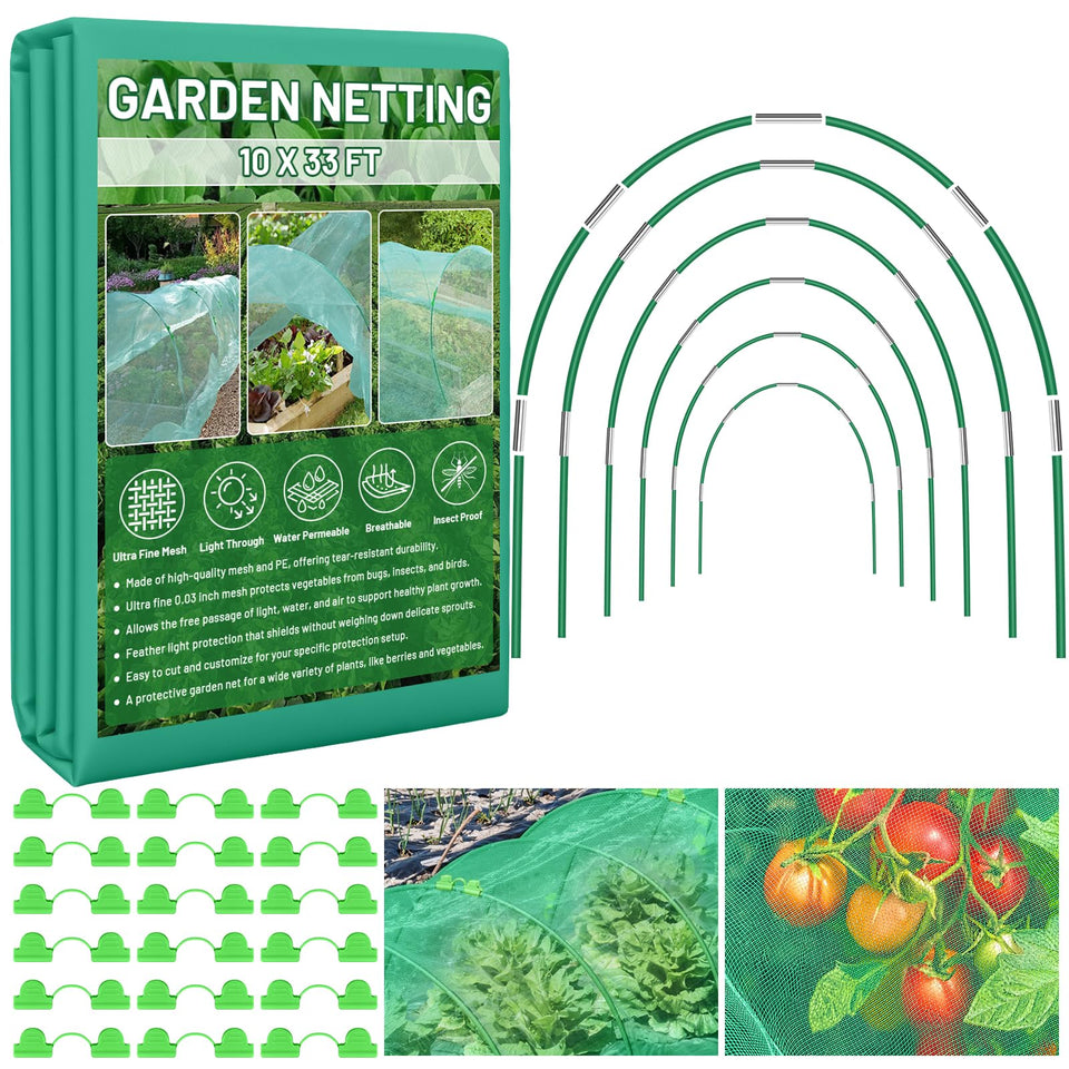 Sunwinx garden netting in action, 10x33 ft, blocking pests while letting sun reach plants.
