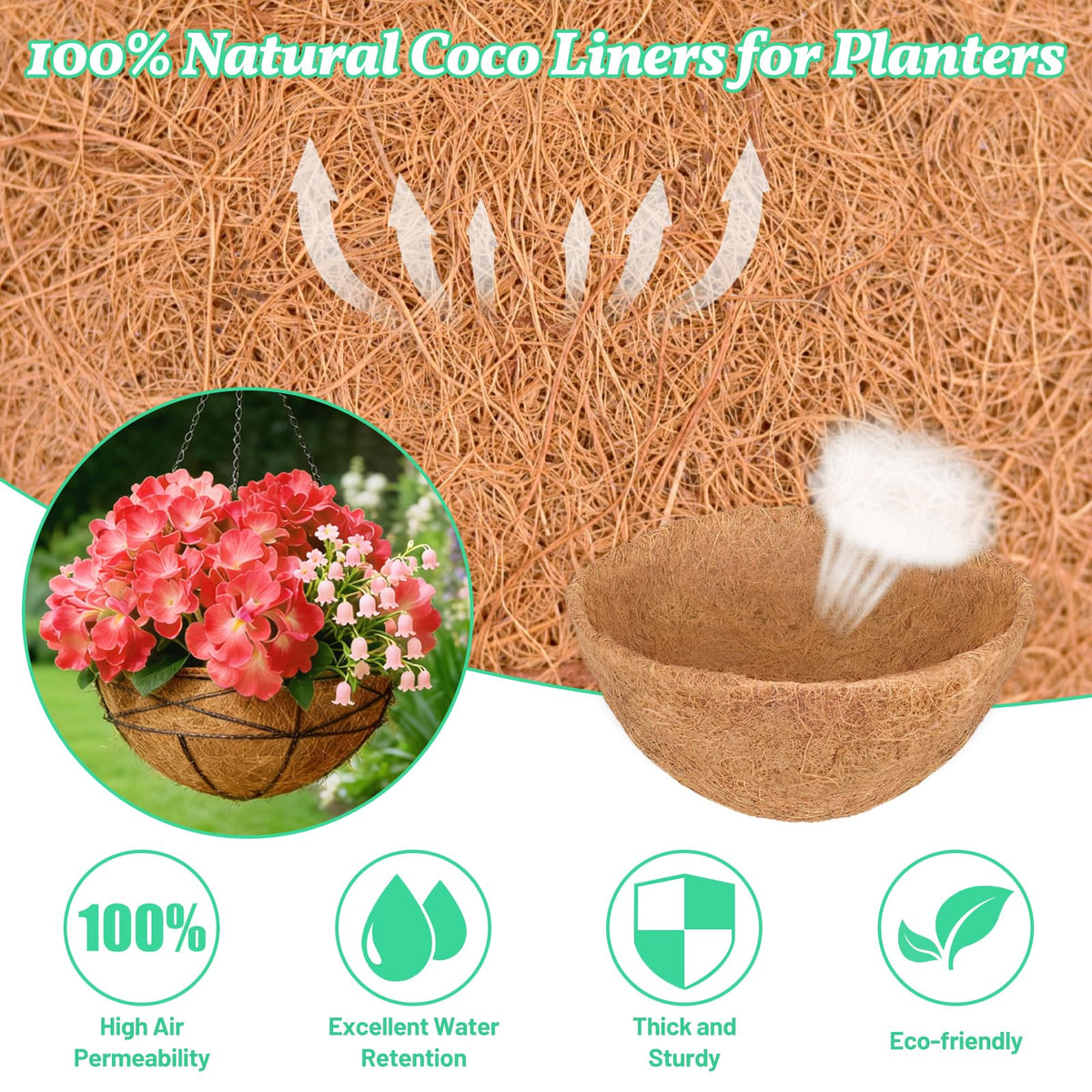 Sunwinx round liner in hanging basket with blooming flowers