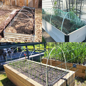 Sunwuk protective netting setup guards plants while tending the beds.