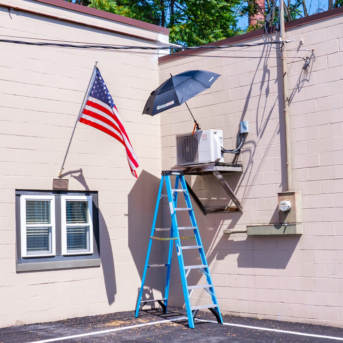 Supco TradeFox outdoor HVAC setup shielding technicians from sun and debris