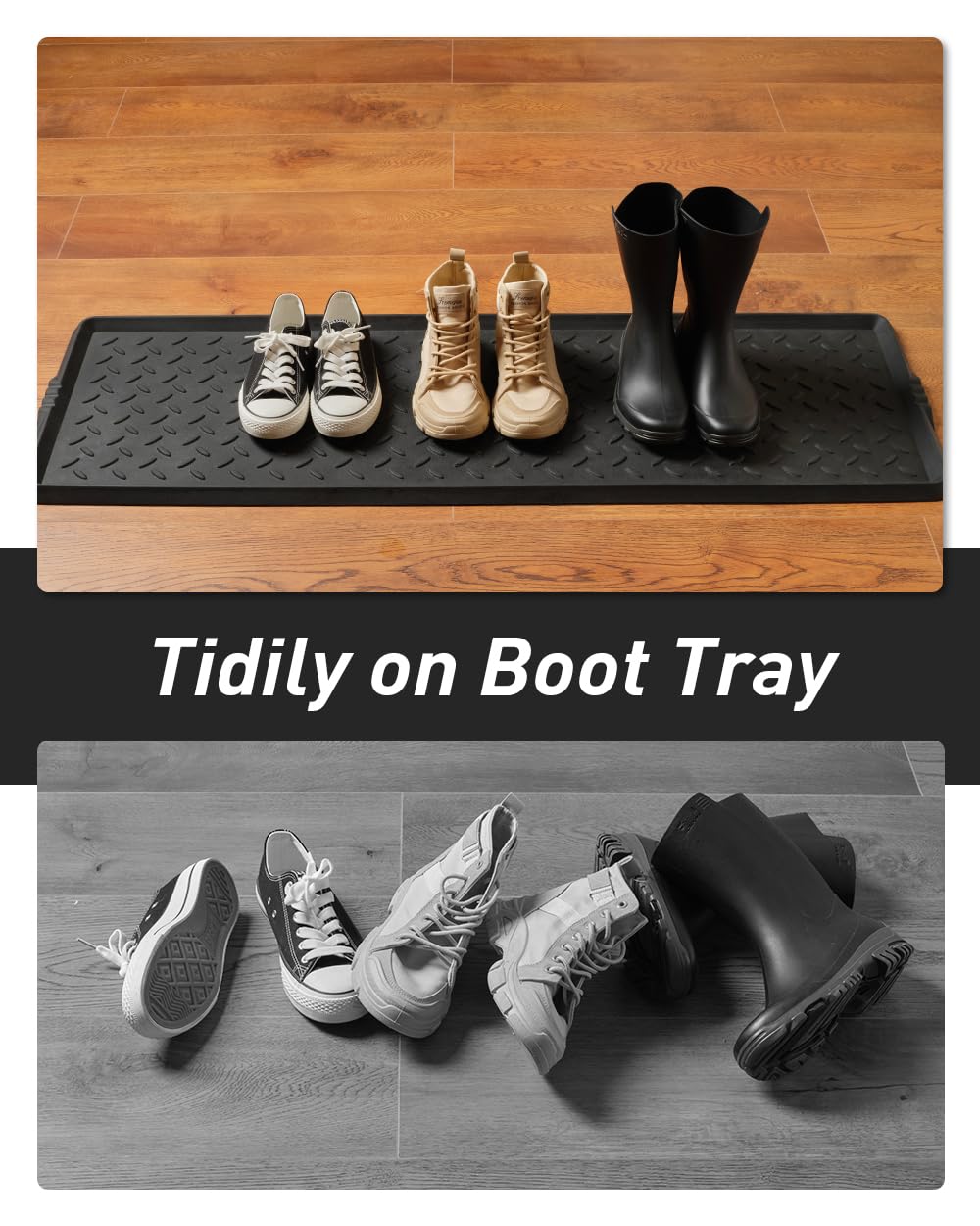 SUPENUIN heavy-duty rubber mat provides durable moisture containment for muddy footwear.